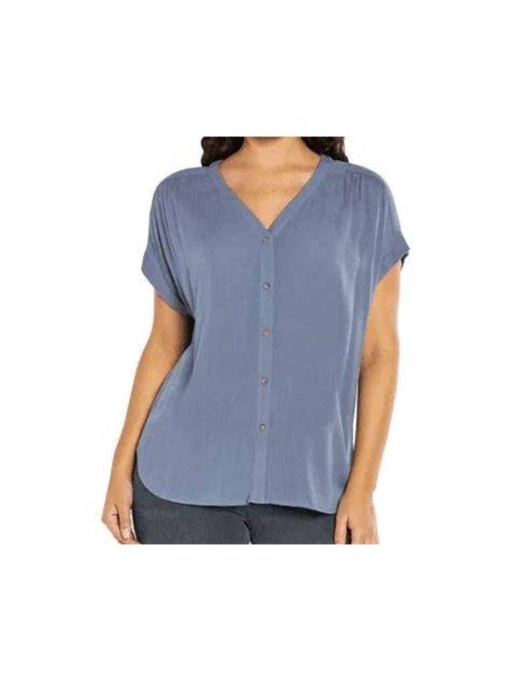 Orvis Women's Blue Rayon Blouse Small Button Front V Neck Short Sleeve Relaxed